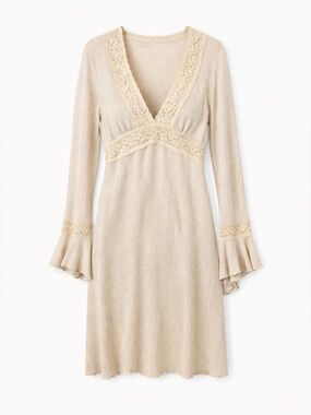 Vintage Boho 1990s Gas Co Beige V-Neck Knit Midi Dress Medium Bell Sleeve Lace